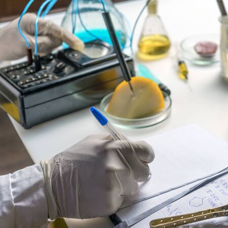 Photo Laboratory assistant at the workplace. Laboratory procedure for food safety, analysis of food products from the market. There are signs in the cheese with the code of the E-application.の写真素材