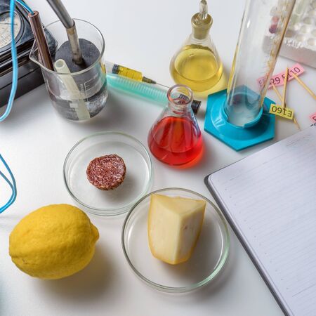 Photo Notepad, tablets with additives E, test tubes and laboratory equipment. Food laboratory. Close up on a white table.の写真素材