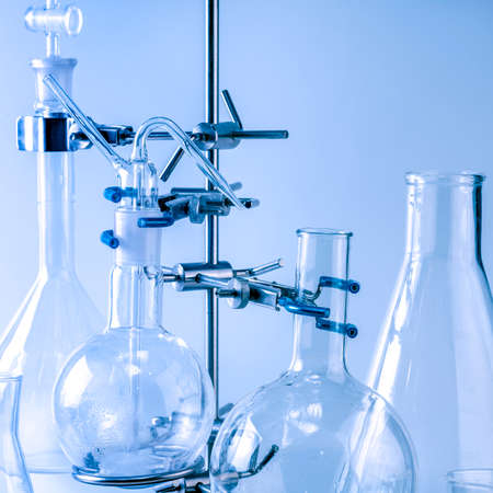 Flask on a tripod. Laboratory analysis equipment. Chemical laboratory, glassware test-tubes.の写真素材