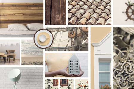 A mood board expresses a sense of coziness, comfort and warmth. This is for those who love pastel colors and nautical themes, who also want to decorate their home.の写真素材