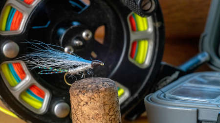 Close up of fly fishing lure, hand made fly for fishingの写真素材