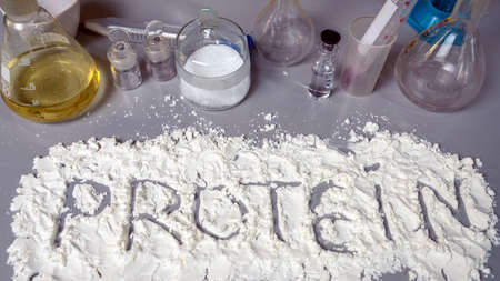 Whey Protein Isolate. Sport Nutrition Supplement in Chemical lab.