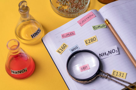 Sgnature with the name of the food additive under a magnifying glass on a table with flasks and a notebook. Unhealthy food concept. Top view.の写真素材