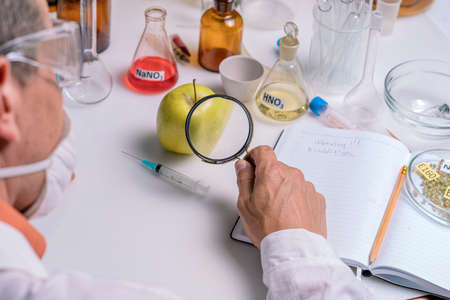 Food specialist looking at green apple through magnifying glassの写真素材