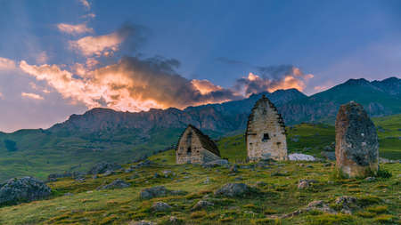 Family crypts on the mountain. North Ossetia Alania. The surroundings of the city of Fiagdon....