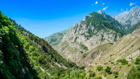 Mountain view in the gorge, North Ossetia, Russia. Impenetrable rocks, majestic mountains and forests.の写真素材