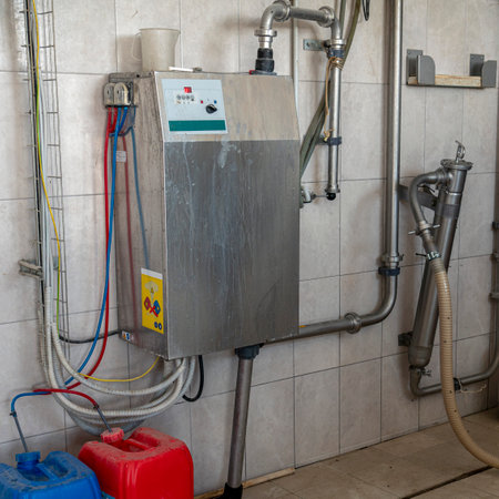 Dairy production. Details and accessories of a washing machine for bottling dairy products.の写真素材