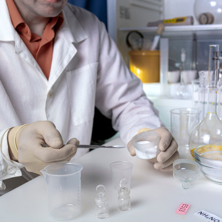 The hands of a scientist working with laboratory samples of nutritional supplements additive.の写真素材