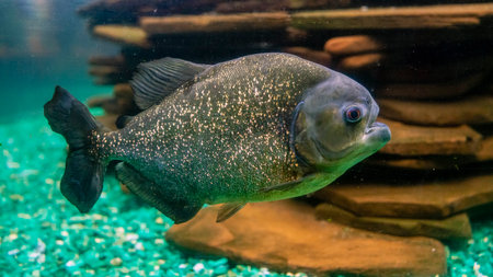 Beautiful fish in the blue water of the aquarium. Underwater world, ocean, marine lifeの写真素材