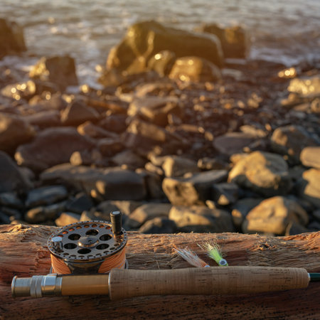 A fly fishing rod and flies for fly fishing lie on the sea rocks at sunsetの写真素材