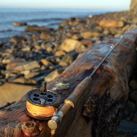 A fly fishing rod and flies for fly fishing lie on the sea rocks at sunsetの写真素材