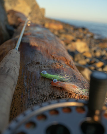A fly fishing rod and flies for fly fishing lie on the sea rocks at sunset