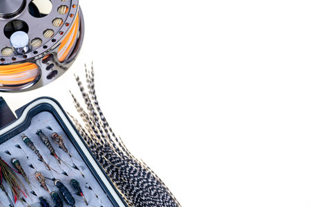 Closeup of fly fishing rod on white backgroundの写真素材