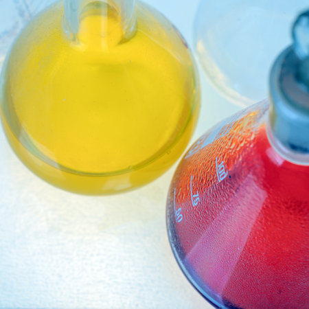 Flasks with colored liquid in the laboratory, close-up.の写真素材