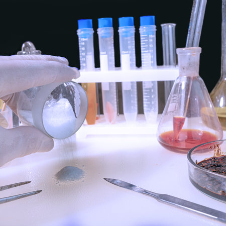 White powder in a Petri dish. Medicinal powder, antibiotic. lab, research