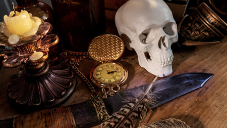 Human skull with a combat knife. The symbol of the head of death with a knife, the candle is a dying life, the clock shows that life is running outの写真素材
