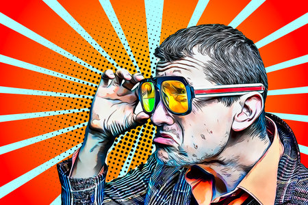 Retro pop art poster, a man in big glasses and a checkered jacket looks in surpriseの写真素材