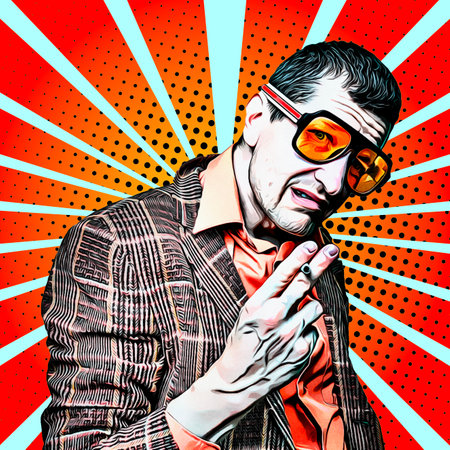 Retro pop art poster, a man in big glasses and a checkered jacket holds a cigarette in his handsの写真素材
