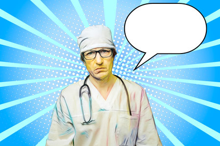 Retro poster in pop art style, doctor in glasses and a white coat. Space for text in a bubbleの写真素材