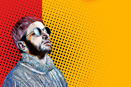 Retro poster in pop art style, a man in a knitted hat and glasses on a yellow background.の写真素材