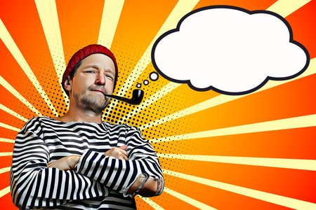 Retro poster in pop art style, a sailor in a vest and with a pipe on a yellow background. Place for text in bubbleの写真素材