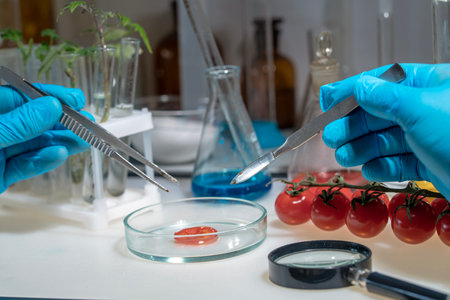 A biologist examines cherry tomatoes in the laboratory. There is a check for diseases and the presence of harmful components in the fruits and sprouts of the plant.の写真素材