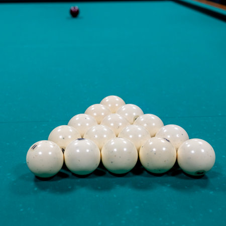White billiard balls for Russian billiards, in a triangle on the table. Top viewの写真素材