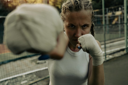 Close up of a young woman wearing boxing gloves, showing her focused expression and readiness to engage in a fitness challenge.の写真素材
