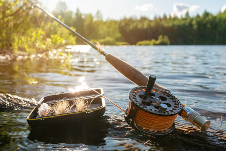 A fly fishing rod and an open fly fishing box lie on the rocks of a mountain river.の写真素材