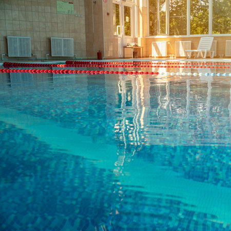 An indoor swimming pool awaits swimmers for training or leisure. the clear blue water and lane markers indicate a facility designed for both competitive and recreational swimming.の写真素材