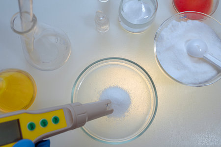A scientist analyzes nutritional supplements. Measures the concentration of chemicals and checks the quality of the powder.の写真素材