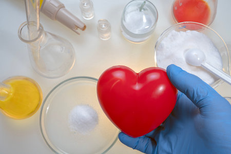 Scientist holds a model of a heart in his hand. Analysis of nutritional supplements for sports and their effect on the heart.の写真素材