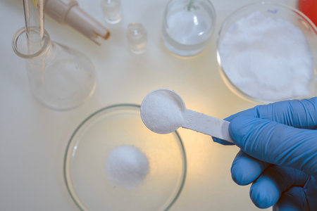 A scientist analyzes sports nutritional supplements. Measures the concentration of chemicals and checks the quality of the powder.の写真素材