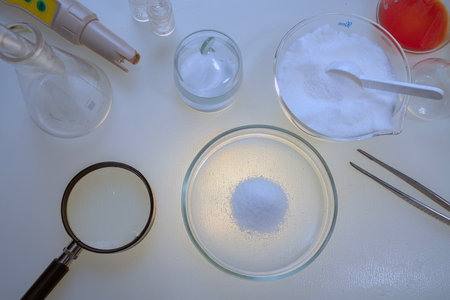 A scientist analyzes nutritional supplements. Measures the concentration of chemicals and checks the quality of the powder.の写真素材