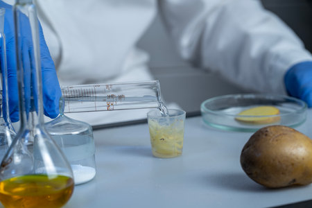 Workplace lab assistant top view. Food safety laboratory procedure, analysing food from the market. In the potato chips are signs with the code E-supplements.の写真素材