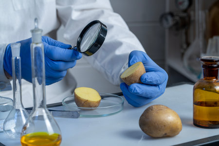 Workplace lab assistant top view. Food safety laboratory procedure, analyzing food from the market. In the potato chips are signs with the code.の写真素材