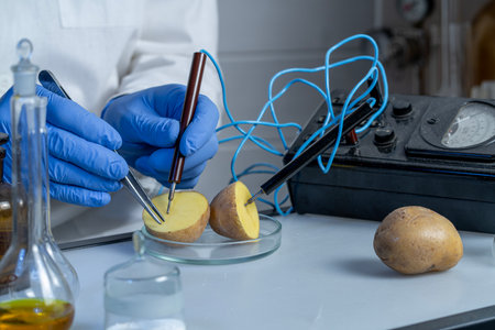Workplace lab assistant top view. Food safety laboratory procedure, analyzing food from the market. In the potato chips are signs with the code.の写真素材
