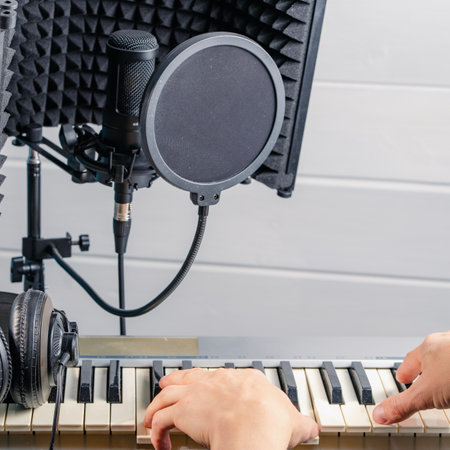 A professional artist writes new verses for a song in a home studio, creating new music. A composer works with audio equipment and instruments, recording melodies.の写真素材