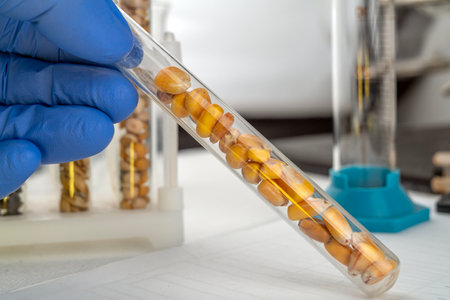 Laboratory studies of corn seeds. Studies on the analysis of agricultural grains and seeds in laboratory conditions.の写真素材
