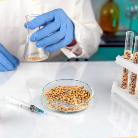 Researcher analyzing agricultural grains in the laboratory. GMO research of cereals. Testing of...