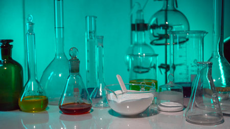 Petri dish with white powder against laboratory glassware background.の写真素材