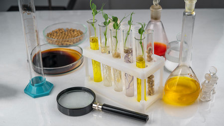 Analysis of green sprouts in the laboratory. Test tubes with a plant inside.の写真素材
