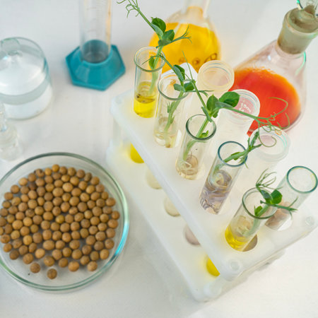 Analysis of green sprouts in the laboratory. Test tubes with a plant inside.の写真素材