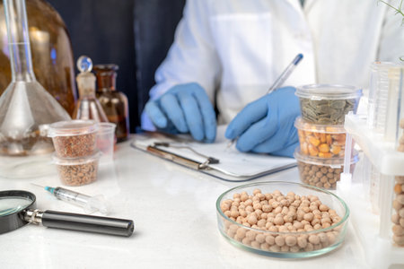Analysis of cereal and legume seeds in the laboratory. Tests for GMO content, nitrates and seed germination.の写真素材