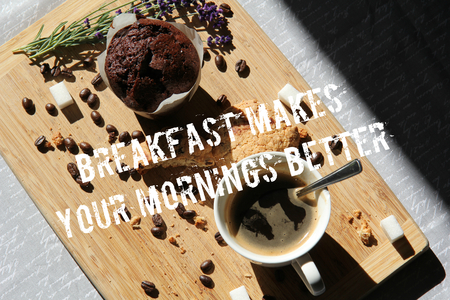 Breakfast Makes Your Mornings Better Sign with Chocolate Muffin, Lavender, Coffee, Sugar, Cookies, Roasted Coffee Beansの写真素材