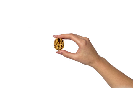 One hand braking a walnuts in a white background.の写真素材