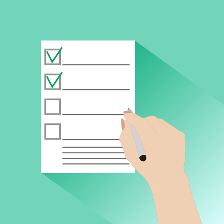 Hand of a businessman holding a questionnaire, contract, agreement, document. Flat illustration style. Vector illustration.のイラスト素材