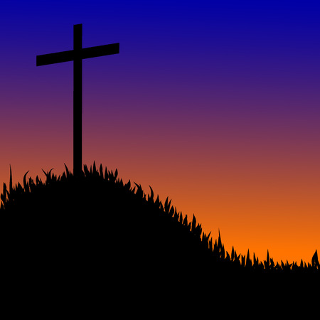 Vector silhouette of a cross on top of a mountain at sunset.のイラスト素材