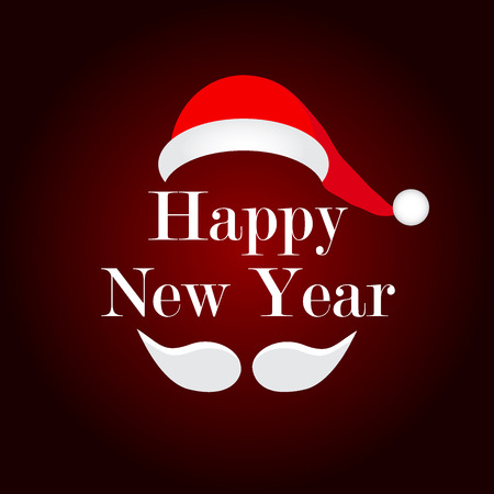 mustache and hat of Santa vector Happy New Year sign on a red background shiningのイラスト素材