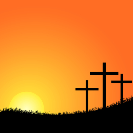 Crosses silhouette in the top of a mountain at sunsetのイラスト素材